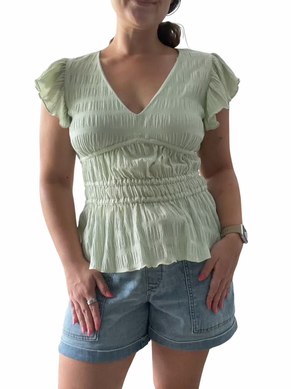 S’Edge Ruffled V-Neck Top Mint Green Medium